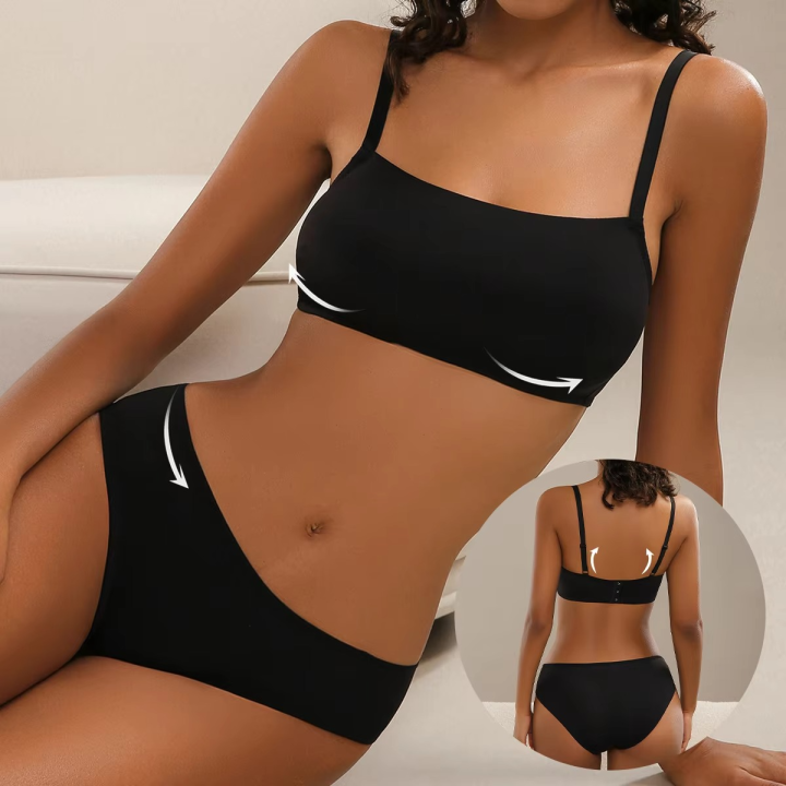 Black Color Fashion Vest Bra Seamless Sport Brassier Full Coverage Panties Set for Women Stretch Fabric Under Wear Girl Bra Set