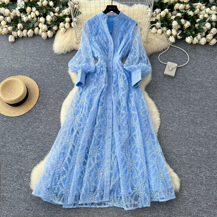 Casual Dressesvintage Elegant Women'S Dress Stand Collar Single Button Waist Embroidery Tulle Long Dresses for Ladies