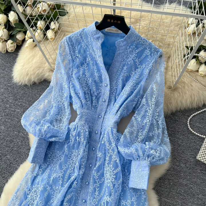 Casual Dressesvintage Elegant Women'S Dress Stand Collar Single Button Waist Embroidery Tulle Long Dresses for Ladies