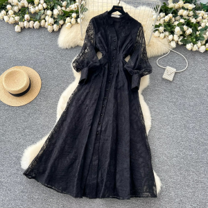 Casual Dressesvintage Elegant Women'S Dress Stand Collar Single Button Waist Embroidery Tulle Long Dresses for Ladies