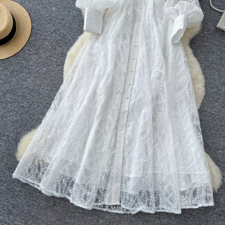 Casual Dressesvintage Elegant Women'S Dress Stand Collar Single Button Waist Embroidery Tulle Long Dresses for Ladies