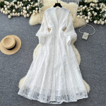Casual Dressesvintage Elegant Women'S Dress Stand Collar Single Button Waist Embroidery Tulle Long Dresses for Ladies
