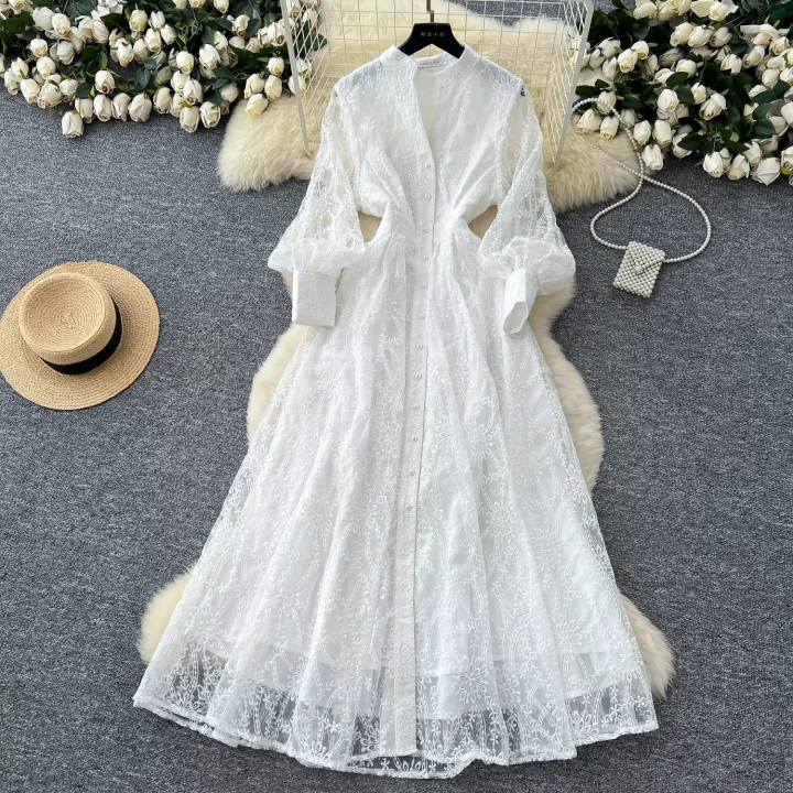 Casual Dressesvintage Elegant Women'S Dress Stand Collar Single Button Waist Embroidery Tulle Long Dresses for Ladies