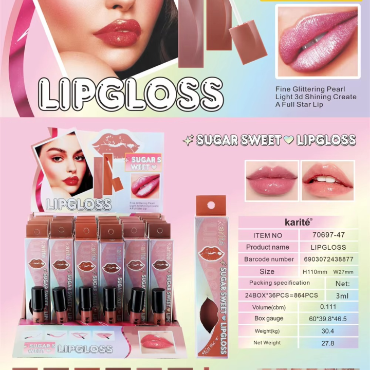 3ml High Shine Glitter Sugar Sweet Lip Gloss Customize Private Label Brand Logo Tube Packaging Fashion Cosmetic Makeup Lip Gloss